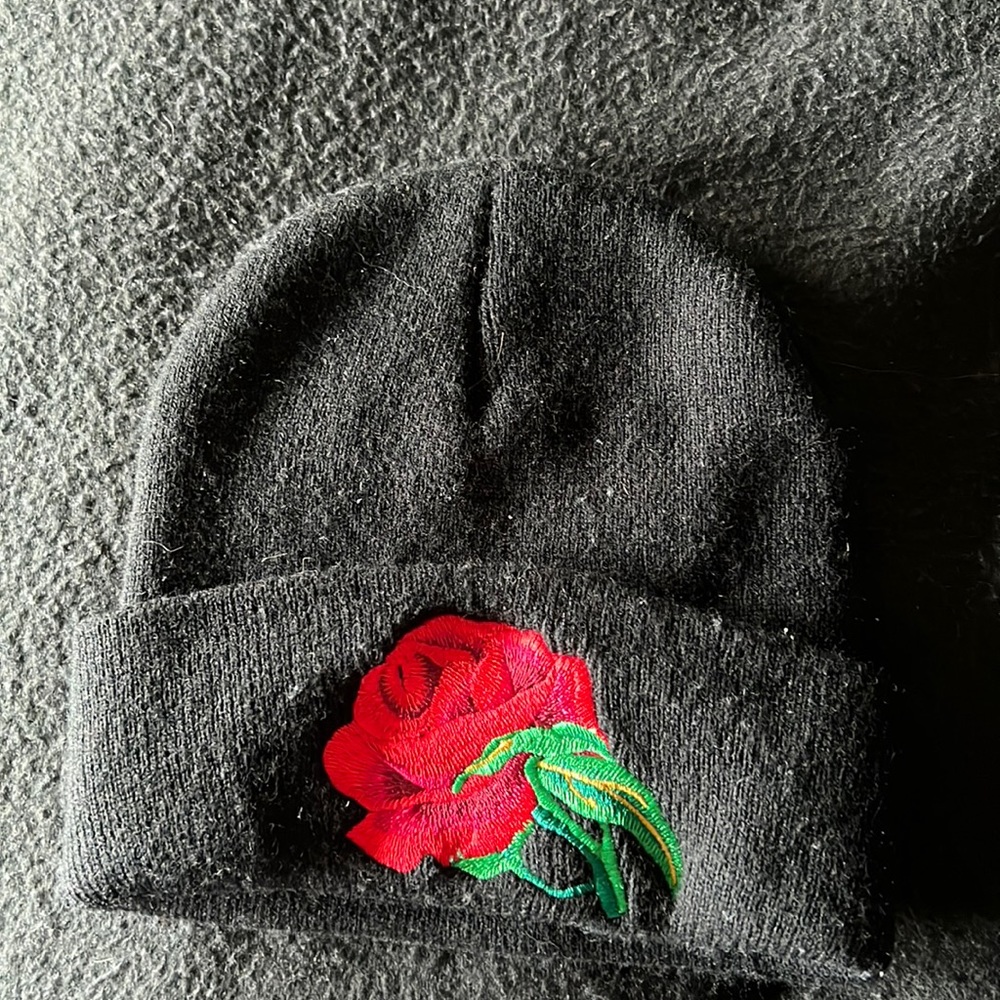 cute black beanie w/ embroidered rose